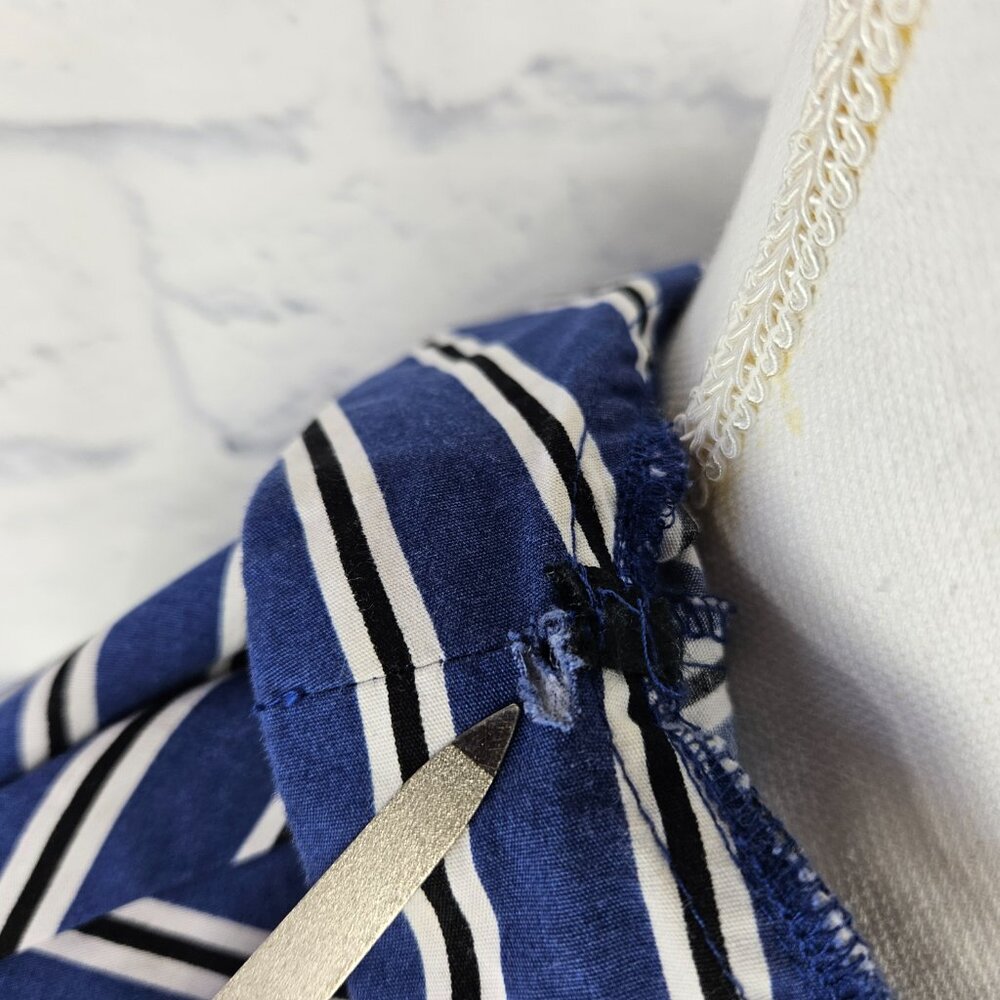 Topshop Sz 4 US Blue Black Striped One Shoulder Tie Sleeve Top Blouse FLAW READ - Picture 9 of 13